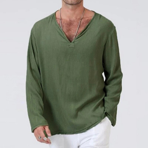 Mens Shirt Soft Solid Color Linen Basic Casual Long Sleeve V-Neck Shirts Men Summer Spring Loose Tops