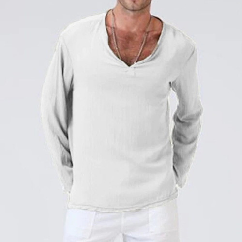 Mens Shirt Soft Solid Color Linen Basic Casual Long Sleeve V-Neck Shirts Men Summer Spring Loose Tops