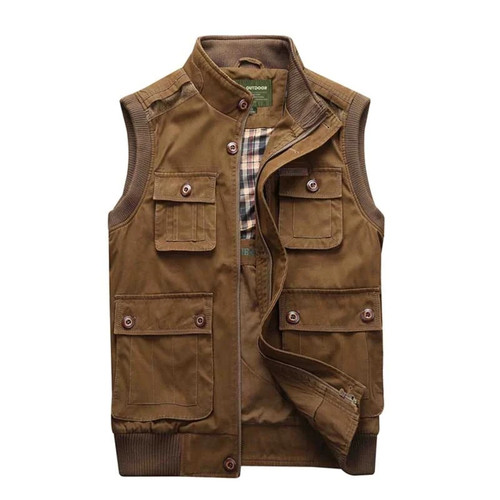 Autumn Winter Vest Waistcoat Cotton Men Casual Vest Many Pocket Sleeveless Jackets Stand Colloar Bomber Vest Plus Size