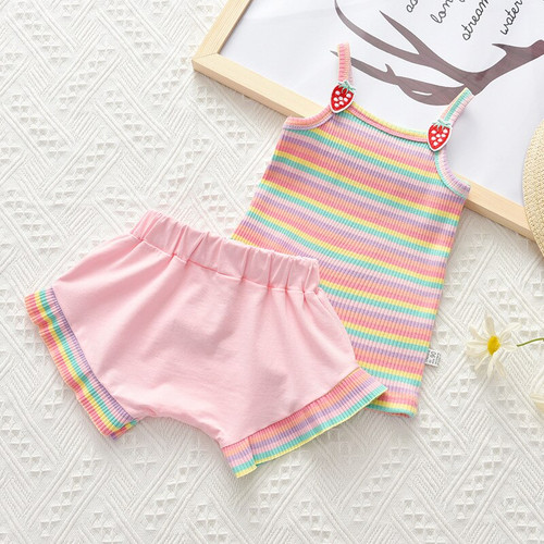 Toddler Baby Girls Clothes Sets Summer Rainbow Striped Sling Strap Wing Tops Shorts 2Pcs Outfits 1-5Year Kids