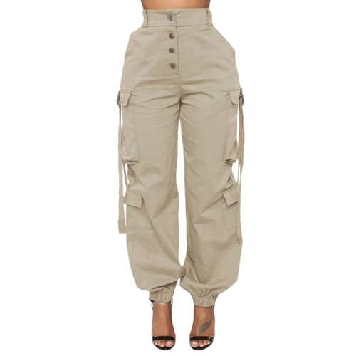 Women Clothing Pockets Autumn Long Sweatpants Female High Waist  Button Casual Trouser 2021