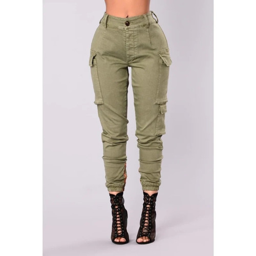 Solid Pockets Cargo Pants For Women High Waist Streetwear Long Autumn Pants Button Zipper Casual Pencil Trousers