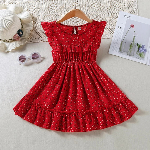 Summer Vintage Kids Red Dress For Girls Children Clothes Baby Girl Party Floral Princess Dress Short Sleeve  2-6 Years