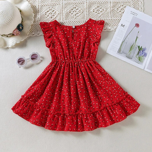Summer Vintage Kids Red Dress For Girls Children Clothes Baby Girl Party Floral Princess Dress Short Sleeve  2-6 Years