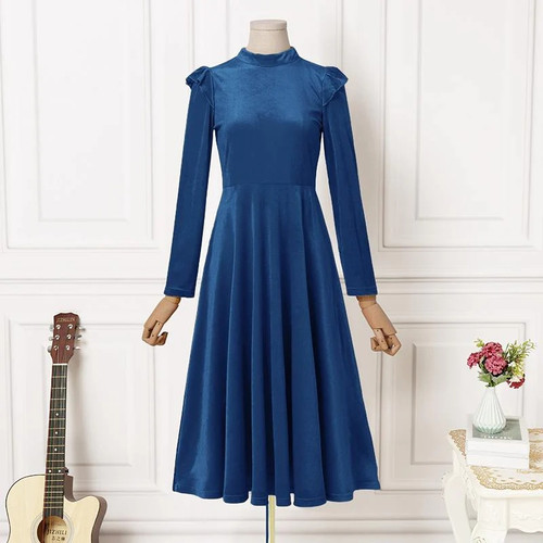 Spring Autumn Ruffle Swing Party Midi Dress Women Vintage Velvets Robe Femme French Elegant Waist Dresses