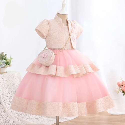 3pcs/set Bag Baby Dresses for Girls Christmas Toddler Kids Elegant Princess Jacquard Gown Children Party Dresses