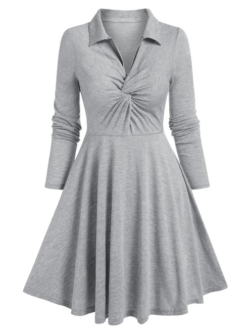 Long Sleeve Twist Front Heathered Dress A Line Mini Casual female Lapel Vintage 3XL Dresses