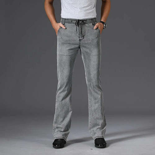 Summer Thin Micro Flared Jeans Men Boot Cut Denim Pants Drawstring Stretch Waist Breathable Male Gray Trousers