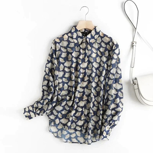 Spring Blouse Women England Style Elegant Leaf Printing Loose Silk Loose Tops