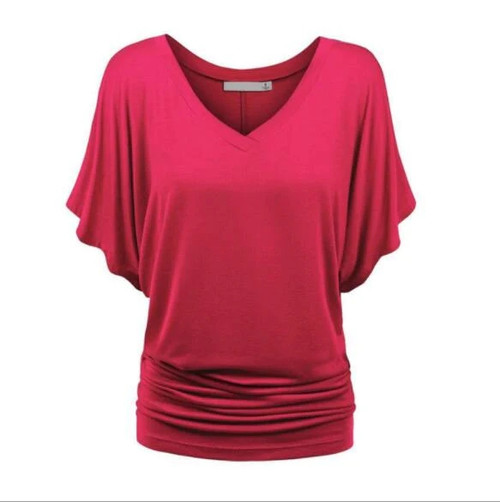 Casual Loose T Shirt Women Summer Batwing Short Sleeve Tops Tees Solid Tshirt Casual V neck