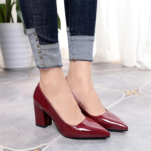 Women Pumps Black High heels 7.5cm Lady Patent leather Shallow Thick with Autumn Pointed Single Shoes Slip-On Female Shoes