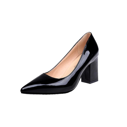 Women Pumps Black High heels 7.5cm Lady Patent leather Shallow Thick with Autumn Pointed Single Shoes Slip-On Female Shoes