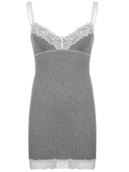 Lace Knitted Mini Dress V Neck Spaghetti Strap Sundress Backless Grey Retro Basic Bodycon Dress Women Party Beach