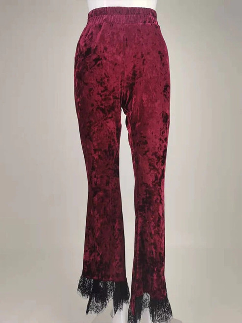 Women Velvet Wine Red Flare Pants Vintage Lace Trousers Streetwear Sexy High Waist Pants