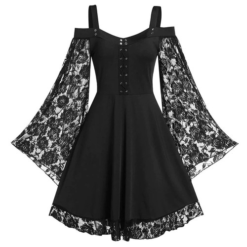 Aesthetic Vintage Autumn Dresses Women Punk Grunge Lace Patchwork Flare Sleeve Black A LINE Dress Elegant Partywear