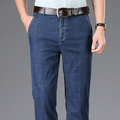Classic Style Summer New Men Straight Thin Jeans Business Casual Stretch Trousers Male Pants Blue