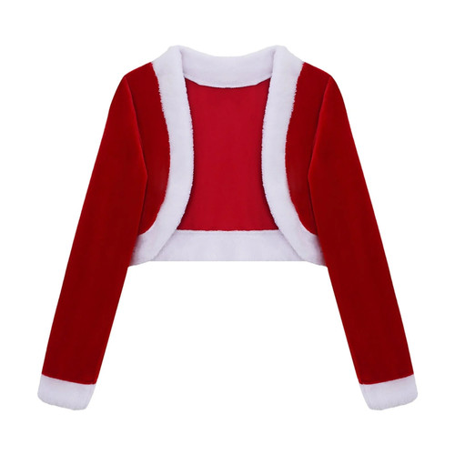 2-14 Years Red Kids Girls Christmas Costume Jacket Shrug Long Sleeves Faux Fur Trim Velvet New Year Xmas Short Cardigan Coat