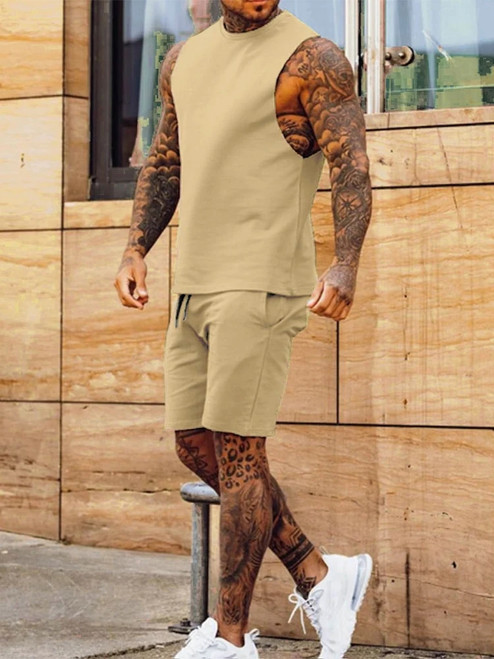 Solid Two Piece Suits Men‘s O-Neck Tops And Shorts Outfits Men Summer Sleeveless Casual Simplicity Sets Streetwear