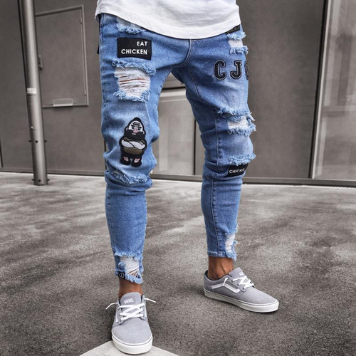 New Men Stylish Ripped Casual Jeans Biker Skinny Slim Straight Frayed Denim Trousers New Fashion Skinny Jeans Men Clothes