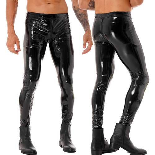 Mens Male Leggings Motorcycling Party Tights Pants Patent Leather Motobiker Skinny Pants Two-way Zipper Crotch Trousers Clubwear