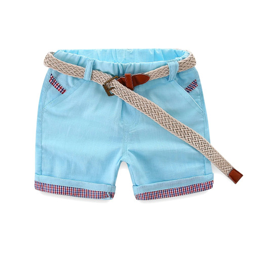 Summer Boys Shorts with Belt  Plaid Elastic Waist Casual Cotton Solid Color Short Pants for Kids Clothes