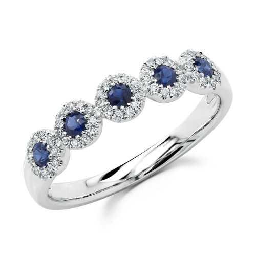 0.47TCW 10K White Gold Round Blue Sapphire Halo Diamond 5 Stone Ring Band