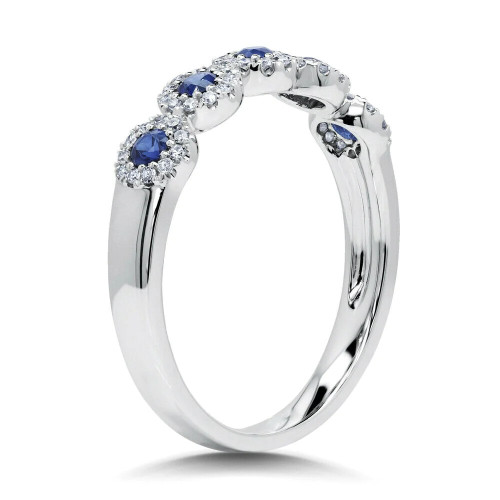 0.47TCW 10K White Gold Round Blue Sapphire Halo Diamond 5 Stone Ring Band