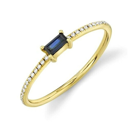Baguette Blue Sapphire Diamond 10K White Gold Stackable Ring Band Womens Dainty
