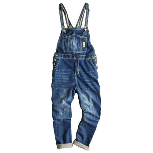 American Retro Blue Overalls Men Denim Jumpsuit Jeans Bib Hip Hop Big Pocket Cargo Pants Casual Trousers Clothing