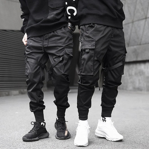 Men Cargo Pants Black Ribbons Block Multi-Pocket Harem Joggers Hip Hop Casual Harem Tide Male Trousers