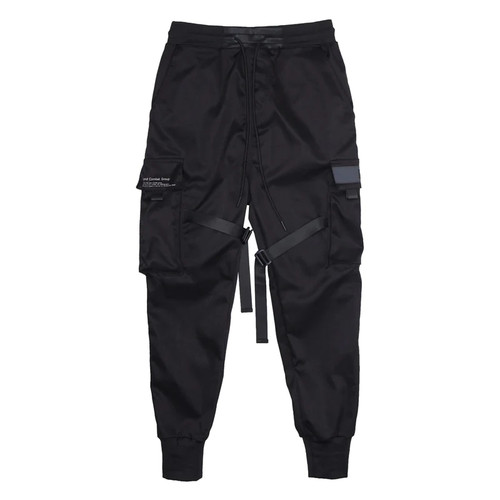 Men Cargo Pants Black Ribbons Block Multi-Pocket Harem Joggers Hip Hop Casual Harem Tide Male Trousers