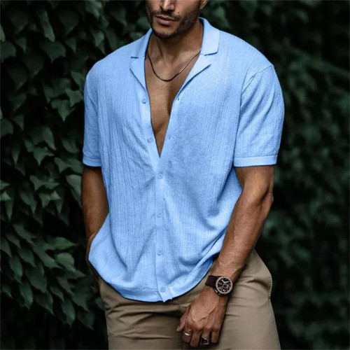 Men High Quality Retro Trend Shirt Casual Short Sleeve Solid Color Loose Top T-Shirt Shirt