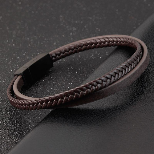 Double-layer Braided Leather Bracelet for Men Black/Brown Trendy Male Jewelry Bangle Simple Design Men's Gift