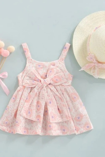 0-3Y Baby Girl Summer Princess Dress Big Bow Decor Flower Pattern Sleeveless Sling Sweet Dress Sun Hat Baby Clothes Sets