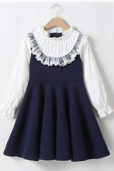 Bear Leader School New Girls Clothing Dress Baby Casual Dress Kids Patchwork Fall Clothes Children Long Sleeve Dress Blue White