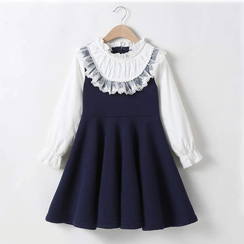 Bear Leader School New Girls Clothing Dress Baby Casual Dress Kids Patchwork Fall Clothes Children Long Sleeve Dress Blue White