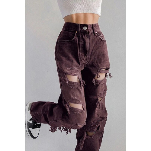 Ripped jeans High Waist Women Hole Straight Pants Streetwear Hip Hop Baggy Cargo Denim Trousers 90s Vintage Bottoms