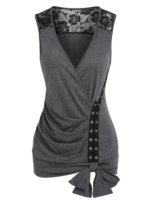 Bowknot Rose Lace Panel Surplice Tank Top Space Dye Women Top Top Flower Floral