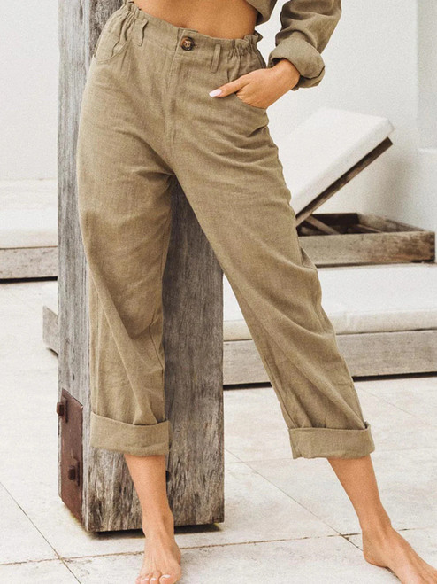 Cotton Linen Calf Pants Summer High Waist Button Pocket Harem Pants Women Loose Trousers