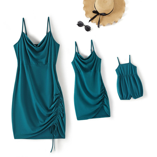 Solid Spaghetti Strap Drawstring Dress for Mom and Me
