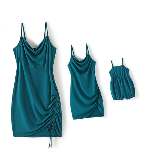 Solid Spaghetti Strap Drawstring Dress for Mom and Me