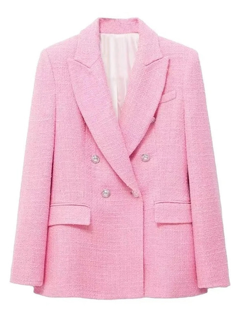 New Autumn Women Pink Double Breasted Blazer Coat Vintage Long Sleeve Elegant Female Jacket Suits