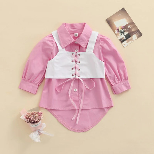 1-5 Years  Girls ClothesTwo-piece Set Pink Turn-down Neckline Long Sleeve Dress and White Square Collar Vest