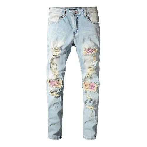 Ripped Hole Jeans Men Pink Patchwork Slim fit Hi Street Jeans Light Blue Stretch Skinny Denim Pants Trousers