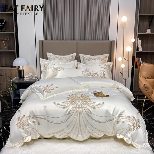 Luxury Gold Feather Embroidery Cotton Champagne/Light Yellow Patchwork Duvet Cover Bed Sheet Pillowcases Bedding Set