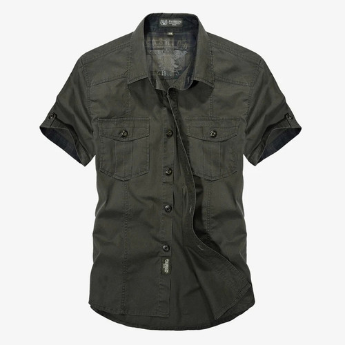 Military Shirt Men Cotton Tooling Casual Short Sleeve Loose Army Pockets Breathable Dress Shirt Male