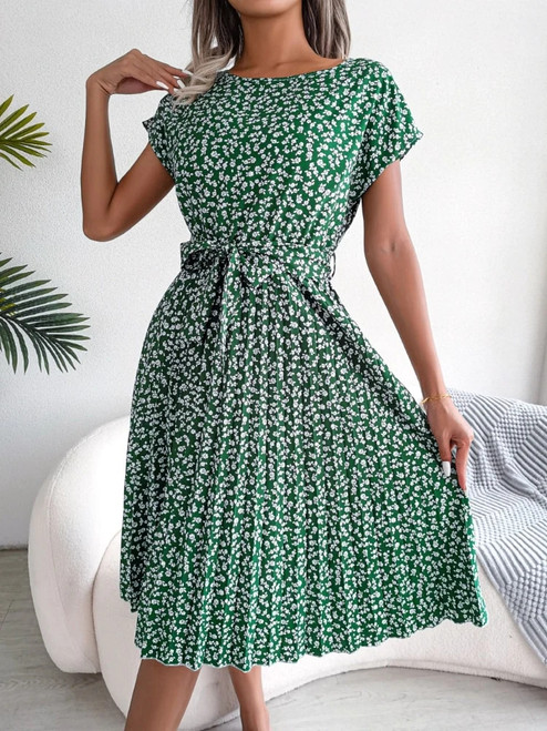 Women Clothing Pleated Hem Midi Dresses Floral Short Sleeve Dress O-neck Office Sundress Elegant Bandage Dress