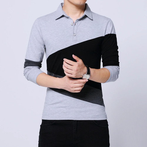 Mens T Shirts Contrast Color Patchwork Long Sleeve Slim Fit Cotton Collar T Shirt Male Clothing