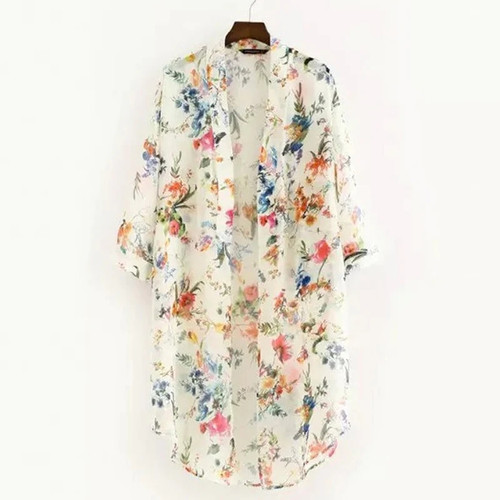 Women Vintage Floral Chiffon Shirts Small Fresh Simple Long Sunscreen Blouse Loose Shawl Kimono Cardigan Boho Tops-1