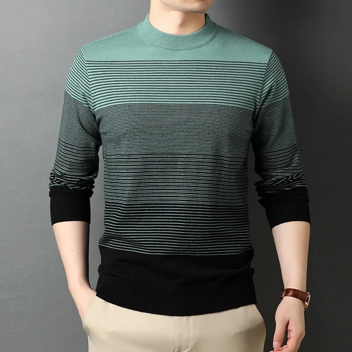 Autumn and Winter New Men Large Striped Sweater Casual Color Block Crew Neck Sweater Male Clothes